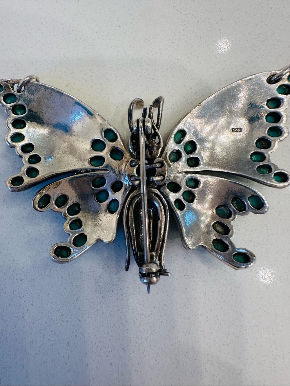 Vintage Sterling Silver Turquoise and Marcasite Butterfly Hinged Brooch/pendant - Picture 7 of 9